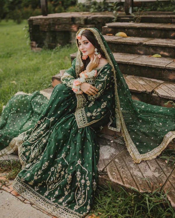 Bridal Gharara Fully Emroidered Chiffon Emerald Green BG-01