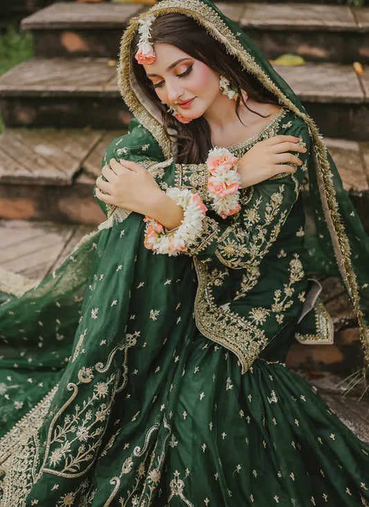 Bridal Gharara Fully Emroidered Chiffon Emerald Green BG-01