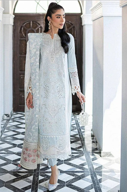 Qalamkar Luxury Lawn Embroidered 3 Piece Unstitched Sky Blue QK-05